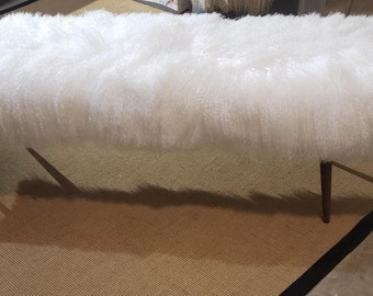 White Mongolian Lamb Fur Bench with Wood Legs (48"L x 16"W x 18"H)