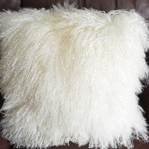 14" Mongolian Lamb Fur  Natural White Decorative Modern Contemporary Fur Pillow