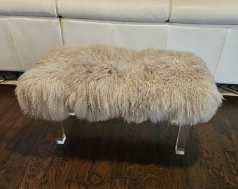 Mongolian Fur Bench, Lucite Acrylic Stool, Accent furniture