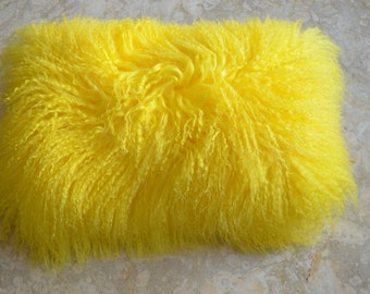 Mongolian Lamb Fur Pillow Yellow geniune
