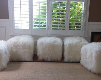 Fur Pouf Ottoman Mongolian Sheepskin Tibetan Fur