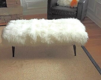 White Mongolian Lamb Fur Bench with Wood Legs (48"L x 16"W x 18"H)