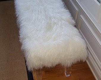Mongolian Fur Bench, Lucite Acrylic Stool, Accent furniture