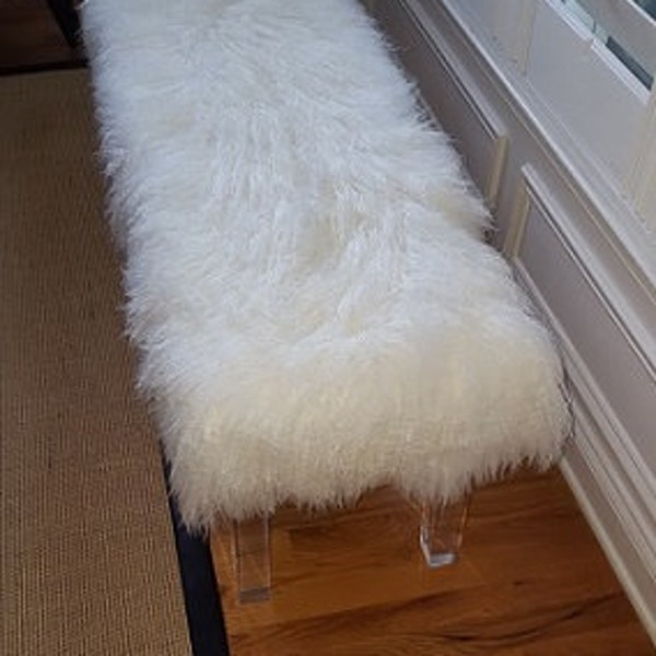 Mongolian Fur Bench, Lucite Acrylic Stool, Accent furniture