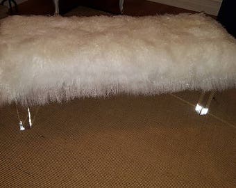 Mongolian Fur Bench, Lucite Acrylic Stool, Accent furniture