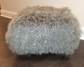 Mongolian Lamb Fur Footstool: Gray Sheepskin with Lucite Legs