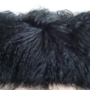 15&quot; x 10&quot; Mongolian Lamb Fur Black Decorative Modern Contemporary Fur Pillow