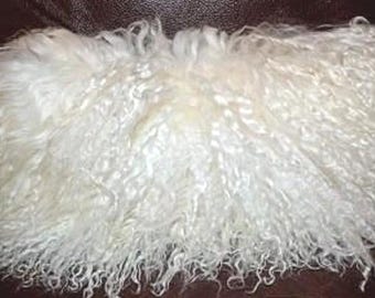 Mongolian Lamb Fur Pillow: Natural White, French Script Back