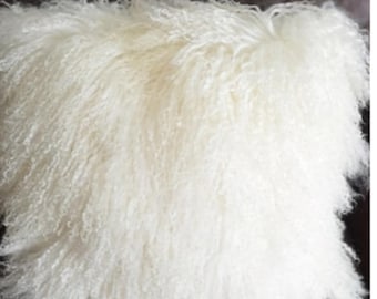 16" Mongolian Lamb Fur  Natural White  Decorative Modern Contemporary Fur Pillow