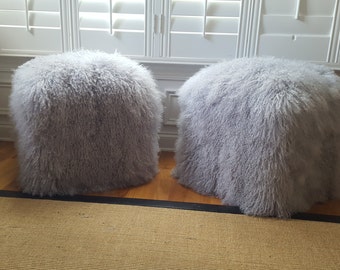 Fur Pouf Ottoman Mongolian Sheepskin Tibetan Fur