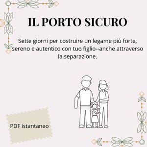 Può includere: Grafica rosa chiaro con il testo "IL PORTO SICURO" e testo italiano sottostante. L'immagine include un'illustrazione di famiglia e le parole "PDF istantaneo" in una forma simile a un timbro.