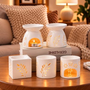 May include: Five white ceramic oil burners with cut-out patterns. Two are pedestal-style with floral and leaf designs, one is a cube with a leaf pattern, and two are cylindrical with leaf and snowflake motifs. A lit tea light candle is inside one.