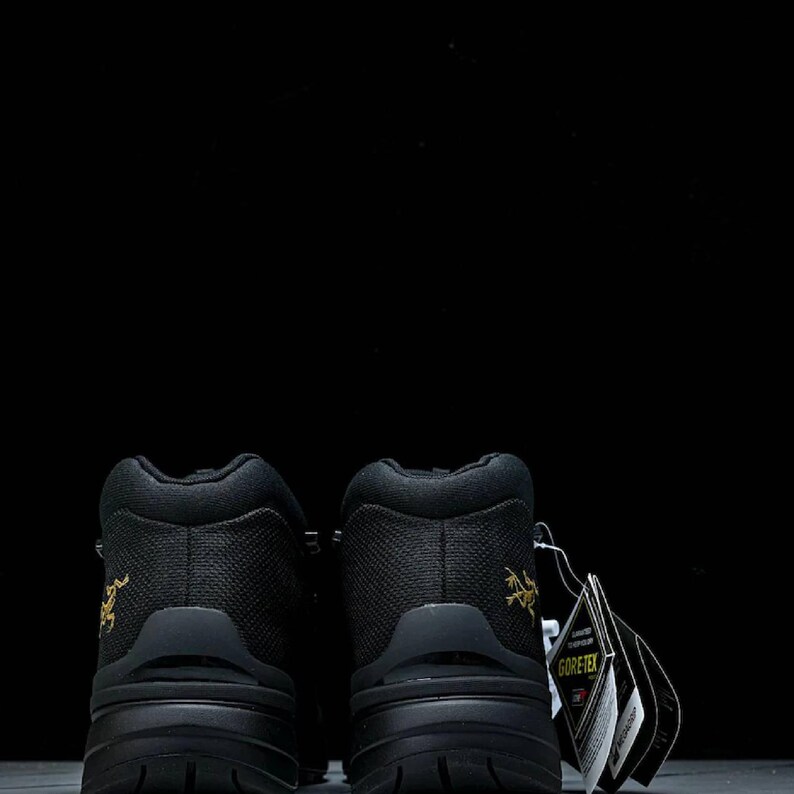 May include: Pair of black hiking boots with a textured upper and thick soles. The boots have a gold logo on the side and a tag that reads "GORE-TEX". The boots are designed for outdoor activities.
