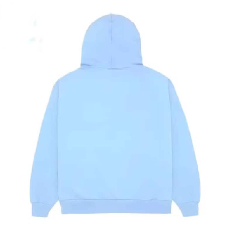May include: A light blue hoodie with a matching hood. The hoodie has long sleeves and a relaxed fit. The image shows the back of the hoodie, highlighting its simple, clean design. The hoodie is made of a soft material.