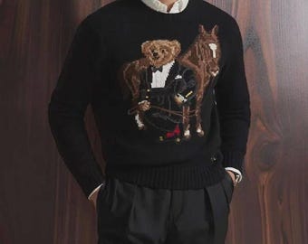Polo Ralph Lauren Teddy Bear Sweater Men Black Knit, Polo Sweatshirt