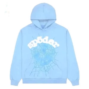 May include: Light blue hoodie with a hood and a front pocket. The front features a spider web design and the word "sp5der" in a white, stylized font. The hoodie is made of a soft material.