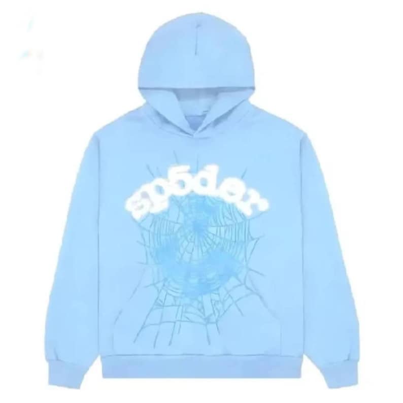 May include: Light blue hoodie with a hood and a front pocket. The front features a spider web design and the word "sp5der" in a white, stylized font. The hoodie is made of a soft material.