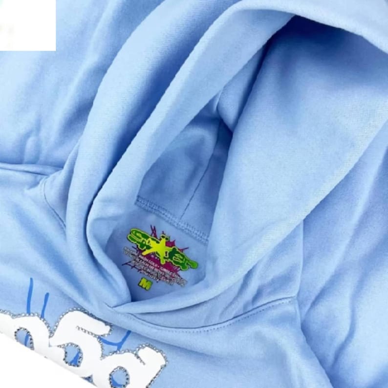 May include: Light blue hoodie with a hood and a front pocket. The hoodie features a graphic on the inside of the hood and a design on the front. The size tag is visible. The hoodie is made of a soft material.