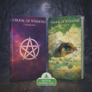 May include: Two books titled "Book of Wisdom" are displayed. Volume One has a purple cover with a pentagram. Volume Two has a green cover with an eye peering through clouds. A "Digital Download" badge is at the bottom.