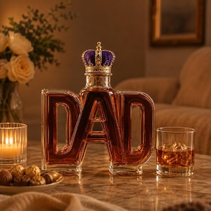 Puede incluir: Un decantador de cristal transparente con forma de letras DAD, lleno de líquido ámbar y rematado con un tapón en forma de corona dorada y morada. Al lado hay un vaso con líquido ámbar y cubitos de hielo sobre una superficie de mármol.