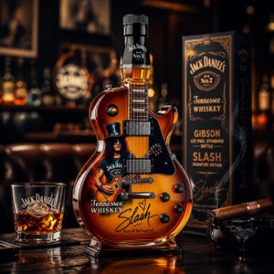 Könnte beinhalten: Eine Jack Daniel's Tennessee Whiskey Flasche in Form einer Gibson Les Paul Gitarre, mit einem Bild von Slash, seiner Unterschrift und dem Text 'Rock N' Roll Legend'. Enthält ein passendes Glas mit Jack Daniel's Logo und eine Markenbox.
