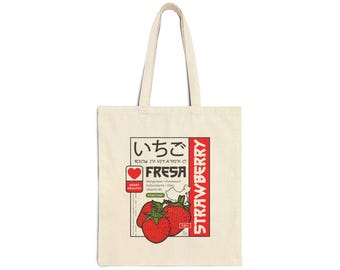 Strawberry Japanese Label Tote Bag | Retro Fruit Illustration
