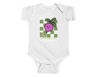 Cute Baby Beet Infant Bodysuit | Smiling Root Veggie Checkerboard