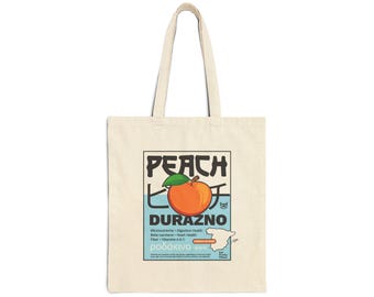Peach Durazno Illustration Tote Bag | Retro Fruit Label, Spanish Text
