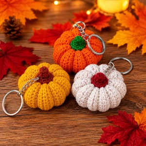 Può includere: Tre portachiavi a forma di zucca realizzati all'uncinetto con anello e catenella in metallo argentato. Una zucca è arancione brillante con picciolo verde, una è giallo oro con picciolo rosso scuro e una è bianco sporco con picciolo rosso scuro.