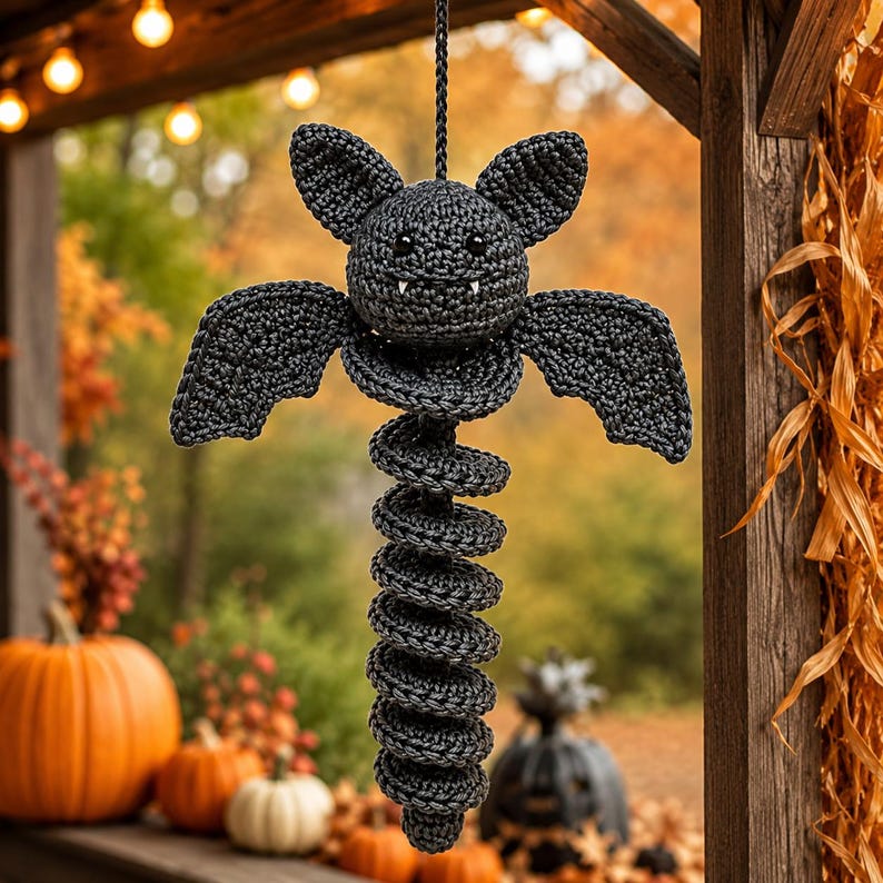 May include: A dark gray crocheted bat hanging ornament featuring a round head with two pointed ears, small black eyes, and two white fangs. The bat has outstretched wings and a long, coiled, spring-like body made of textured yarn stitches.