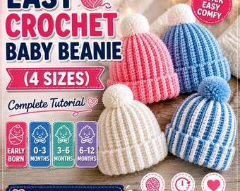 Easy Crochet Baby Beanie Pattern | Ribbed Hat Tutorial (4 Sizes) (PDF Download)
