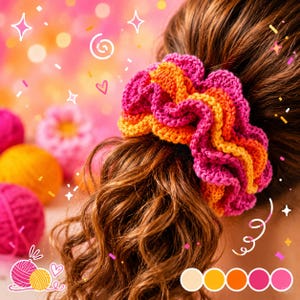 May include: A ruffled crochet hair scrunchie featuring a vibrant gradient pattern of bright pink, orange, and yellow yarn. The accessory has a dense, wavy texture created by intricate stitching, designed to hold hair in a ponytail securely.