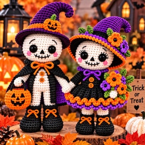 May include: Two crocheted skeleton figures wearing purple witch hats with orange accents. One figure holds an orange jack-o'-lantern bucket, while the other holds a bouquet of orange and purple flowers. Both wear black outfits with orange buttons.