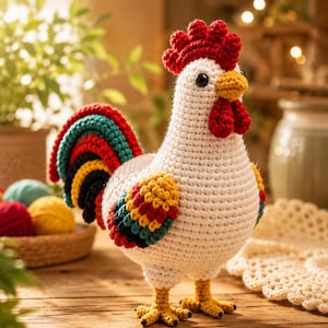 Peut inclure: Une figurine de coq au crochet avec un corps blanc, une crête et des barbillons rouge vif, et un bec jaune. Les plumes de la queue et des ailes sont réalisées dans des tons vifs de rouge, bleu sarcelle, jaune et noir. Le coq a deux pattes jaunes.