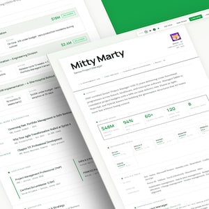 May include: Two white documents with green accents are displayed at an angle. The documents contain text and data visualizations. One document is titled "Mitty Marty" and lists "Senior Project Manager" as the job title.