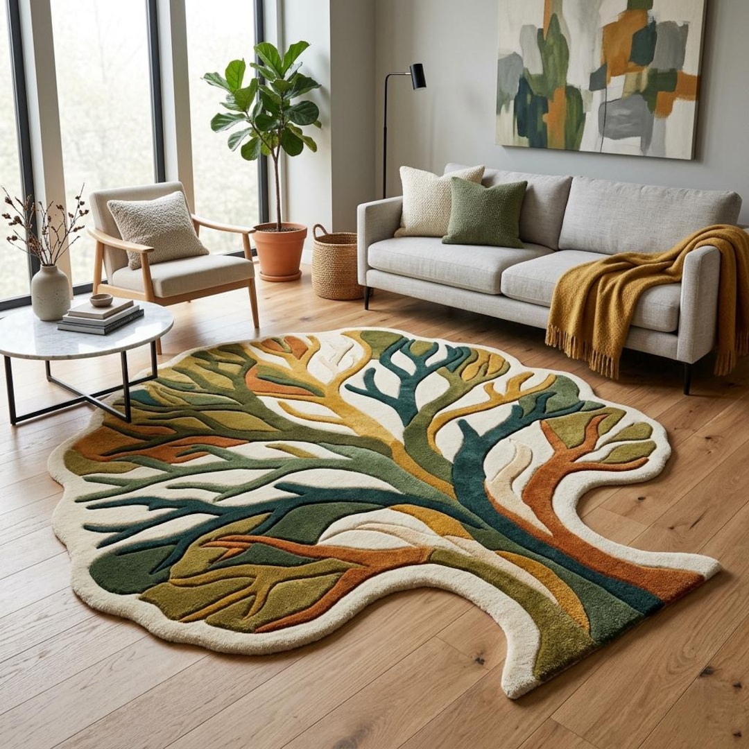 Handmade Tufted Tree of Life Rug, Abstract Nature Wool Carpet ...