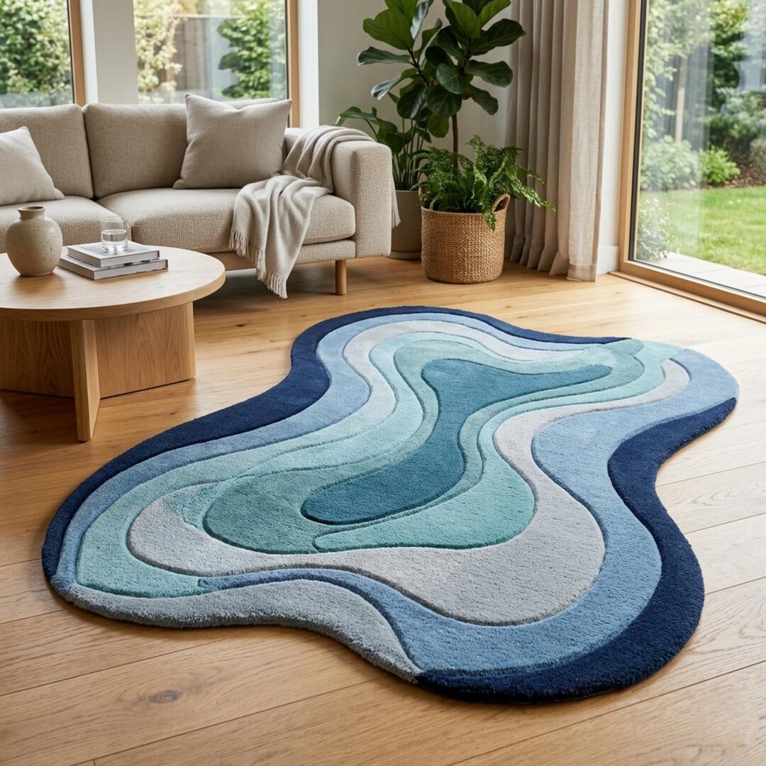 Handmade Abstract Wavy Blue Area Rug, Organic Shape Tufted Carpet - Etsy