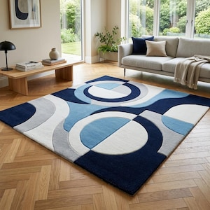 Modern Geometric Area Rug, Blue Abstract Circles, Scandinavian Living Room Carpet