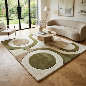 Handgetufteter Geometrischer Teppich, Olivgrün Beige Creme Abstrakte Kreise, Mid Century Modern