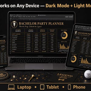 May include: A digital bachelor party planner displayed on a laptop, tablet, and phone. The planner features a black and gold color scheme with budget categories and financial data. The image includes a golf ball, poker chips, and a coaster that says "Grooms Crew".