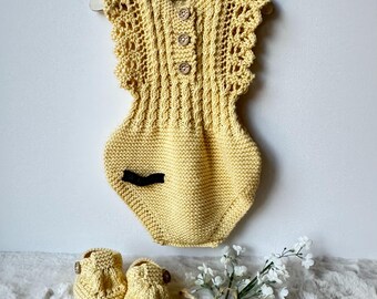 Buttercup yellow baby romper and bootees