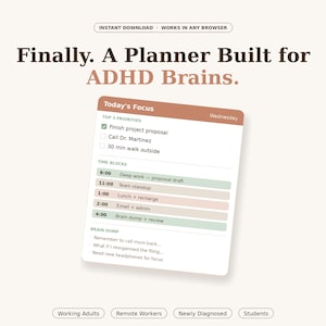 May include: A digital planner interface titled Finally. A Planner Built for ADHD Brains. The layout includes a Today's Focus section with Top 3 Priorities, Time Blocks from 9:00 to 4:00, and a Brain Dump list. Bottom tags include Working Adults, Remote Workers, Newly Diagnosed, and Students.