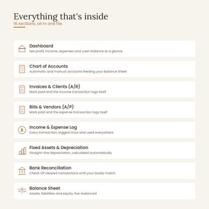 Everything inside the small business bookkeeping template: dashboard, chart of accounts, invoices and clients A/R, bills and vendors A/P, income and expense log, fixed assets and depreciation, bank reconciliation and live balance sheet — 16 sections all in one file. Interactive accounting template digital download, works in any browser, no app or subscription needed.