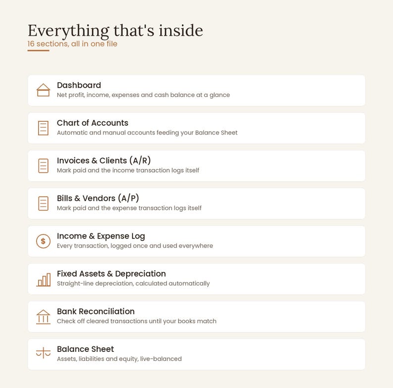Everything inside the small business bookkeeping template: dashboard, chart of accounts, invoices and clients A/R, bills and vendors A/P, income and expense log, fixed assets and depreciation, bank reconciliation and live balance sheet — 16 sections all in one file. Interactive accounting template digital download, works in any browser, no app or subscription needed.