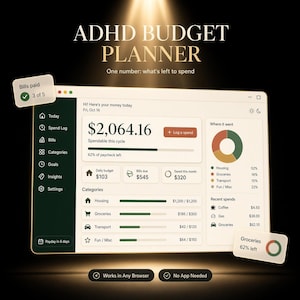 May include: A digital ADHD Budget Planner interface displayed on a screen, featuring a dashboard with a $2,064.16 spendable balance, a pie chart for expenses, category tracking, and floating notification cards for bills and groceries.