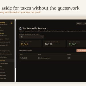 Tax set-aside tracker — set aside for income taxes without the guesswork, a running total based on your real net profit with estimated payment logging. Interactive self-employed and freelancer tax savings planner inside the small business bookkeeping template for quarterly estimated taxes, accounting digital download, browser based, no app needed.
