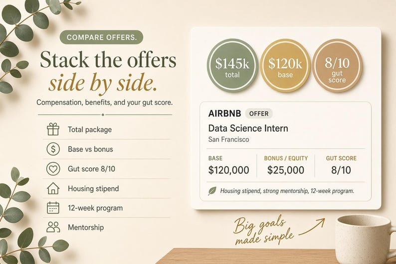 May include: An infographic comparing job offers with text reading Compare offers. Stack the offers side by side. Compensation, benefits, and your gut score. It displays an Airbnb Data Science Intern offer with a $145k total, $120k base, and 8/10 gut score.