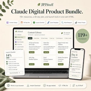 May include: A digital product bundle by JPJStuff displayed on a laptop and smartphone screen. The interface shows a content library with 119+ resources, a 30-day plan, and a launch checklist. The design features a clean, neutral color palette.