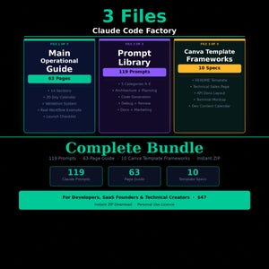 May include: A graphic with the text "3 Files Claude Code Factory" and three sections: "Main Operational Guide," "Prompt Library," and "Canva Template Frameworks." The image also includes the text "Complete Bundle" and "For Developers, SaaS Founders & Technical Creators."