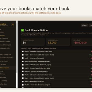 Bank reconciliation page to prove your books match your bank — check off cleared transactions until the difference hits zero. Interactive bank reconciliation and account matching workflow inside the small business bookkeeping template for freelancers and self-employed owners, accounting digital download, browser based, no app or subscription needed.